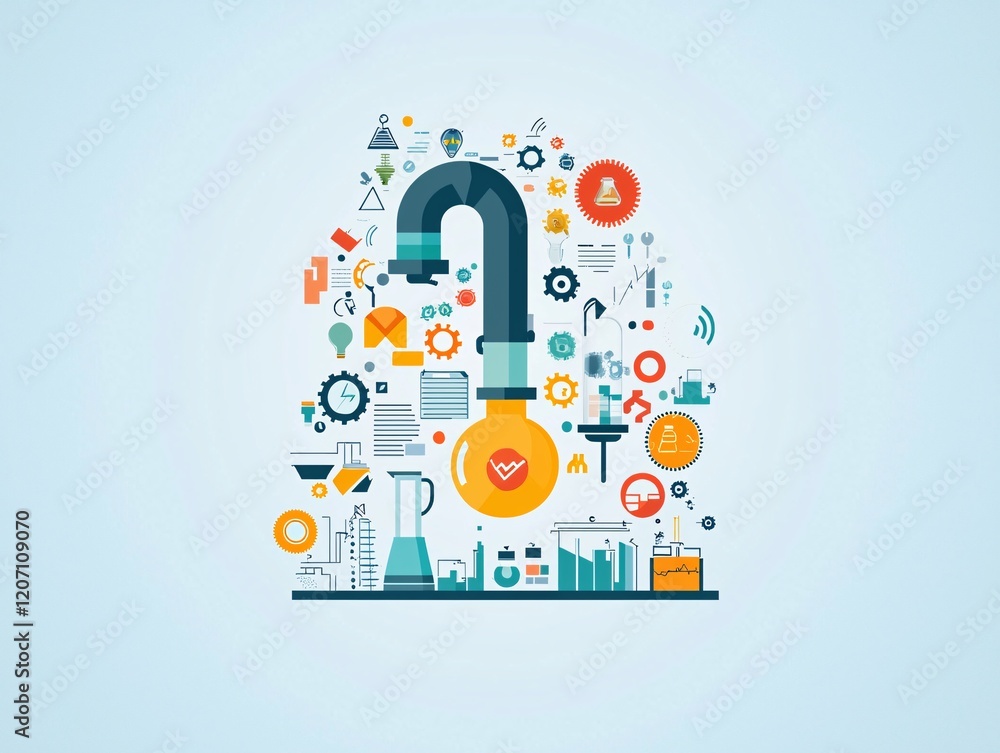 Poster a symbolic depiction of a data pipeline transforming raw information into actionable insights