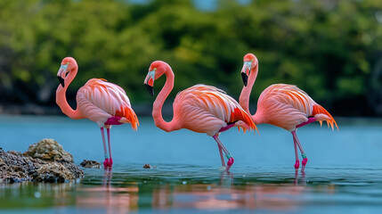 Caribbean flamingo standing in water with reflection