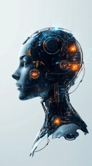 A woman's head is shown with a lot of technology and circuitry