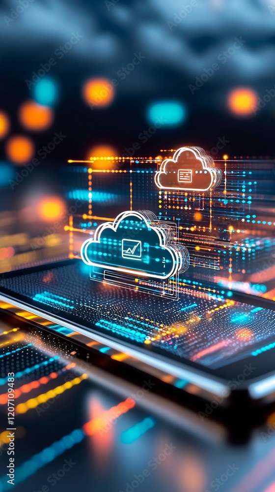 Poster a close-up of a smartphone with secure cloud storage and privacy symbols visible on the screen