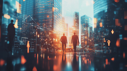 Obraz premium abstract professional business team people connection of line from nail node to node on Smart digital cityscap and skyline background , Innovation networking concept