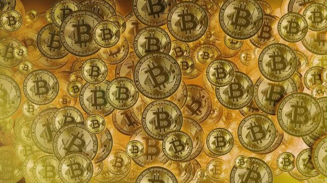 3D animation of Bitcoin coins slowly rotating and drifting through space