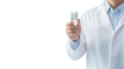 A dentist in a white coat holds a model tooth against a black background, emphasizing dental health and care.