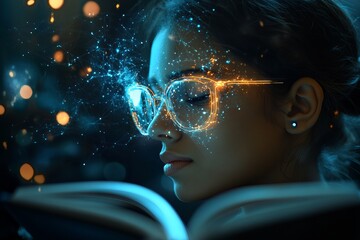 A woman is reading a book with her eyes closed