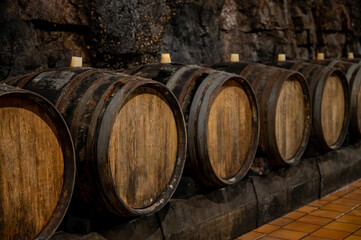 Second fermentation in barrels, traditional method of production of cremant sparkling wine in south part of Luxembourg country on bank of Moezel, Mosel river.