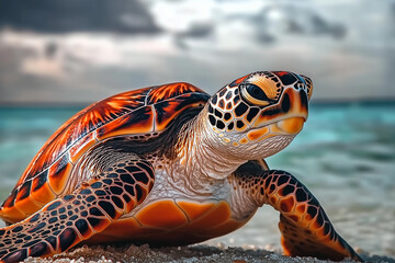 Fototapeta premium A cute sea turtle on a beach.