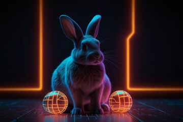 easter bunny sitting with artistic easter eggs on dark neon colors tech background