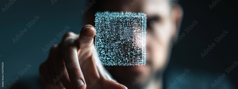 Poster futuristic man holding 3d transparent cube with digital particles in dark environment
