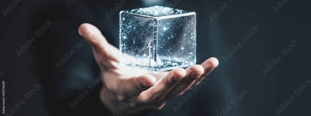 Poster hands holding transparent cube featuring sparkling stars and tiny figure, symbolizing imagination an