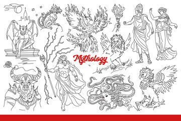Ancient mythology about characters from ancient greek legends with magical skills. Mythology inscription near Zeus or Gorgon and Phoenix bird with devil sitting on earth. Hand drawn.