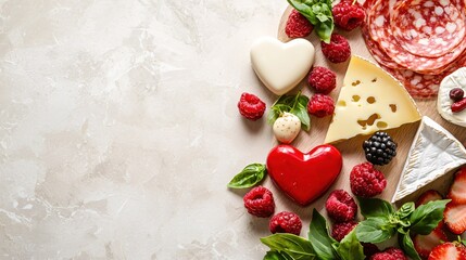 Delicious food arrangement with cheese salami berries and heart shaped treats on a light surface