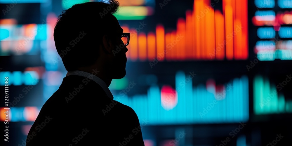 Poster silhouette of a man analyzing colorful financial data on a digital display