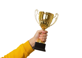 A golden trophy held up by a hand in a yellow sleeve, isolated on a white background
