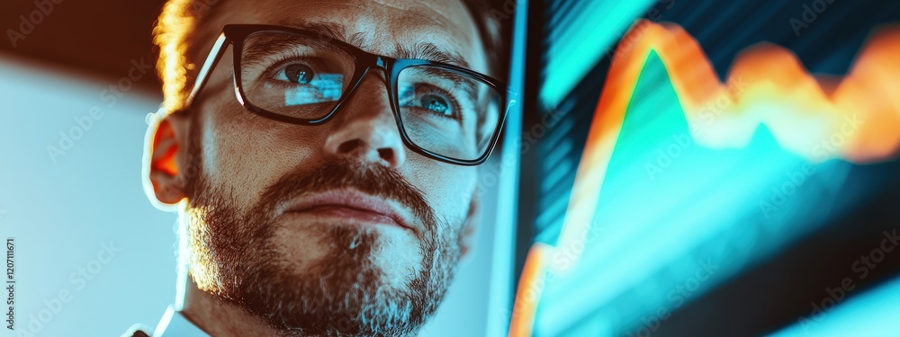 Poster professional man analyzing financial data with graphs on screen in modern office environment