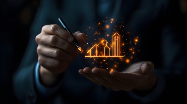 Businessman analyzing real estate market growth with futuristic graph and house model illustration