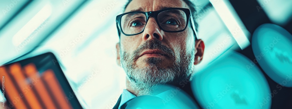Aufkleber professional man analyzing data with tablet in modern office setting with abstract lighting effects