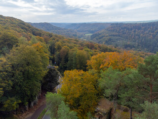 Aerial view on Mullerthal, Luxembourg's Little Switzerland, hiking routes, rock formations, moss-covered forests, tourist destination in Europe