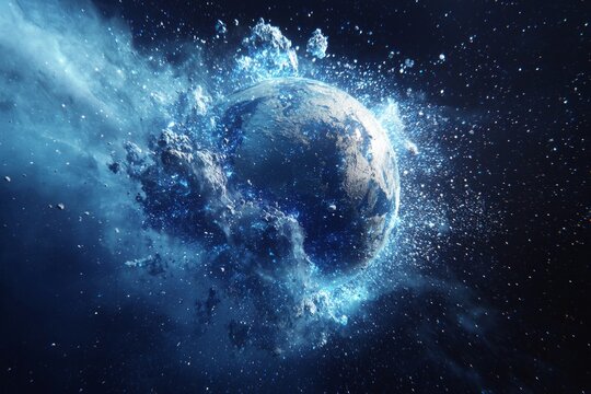 An exploding planet earth in space