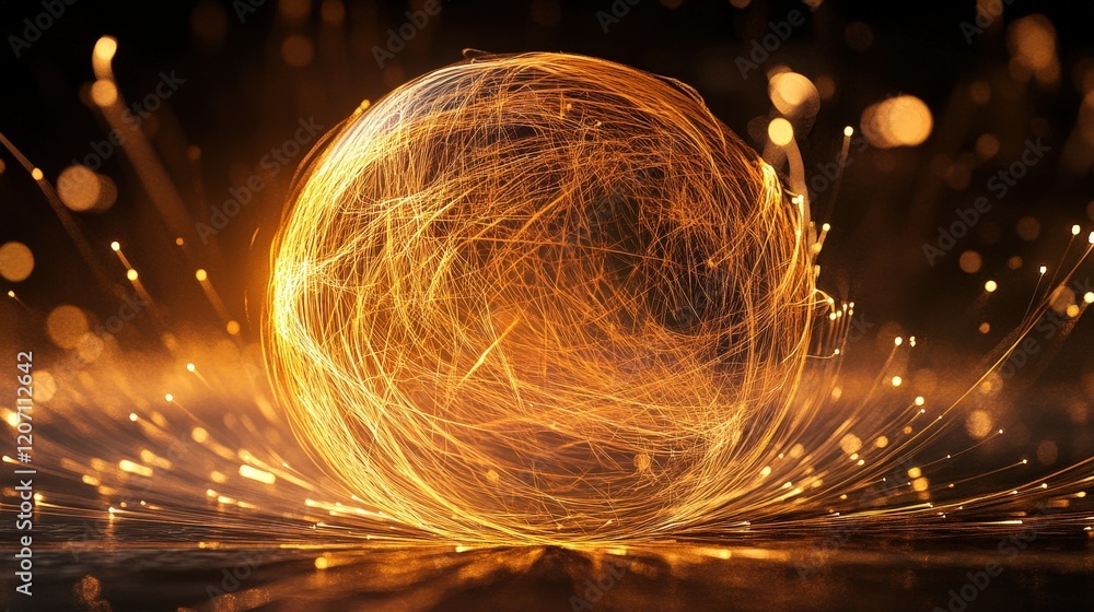 Poster a 3d wireframe sphere surrounded by flowing light trails on a dark background