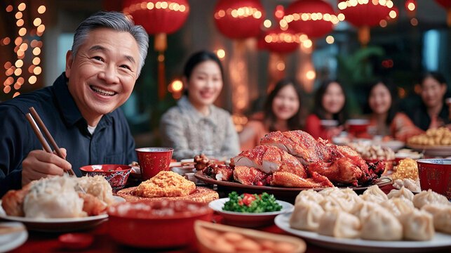 Familia china celebrando el A&ntilde;o Nuevo con una cena tradicional en un ambiente festivo decorado con linternas rojas.
