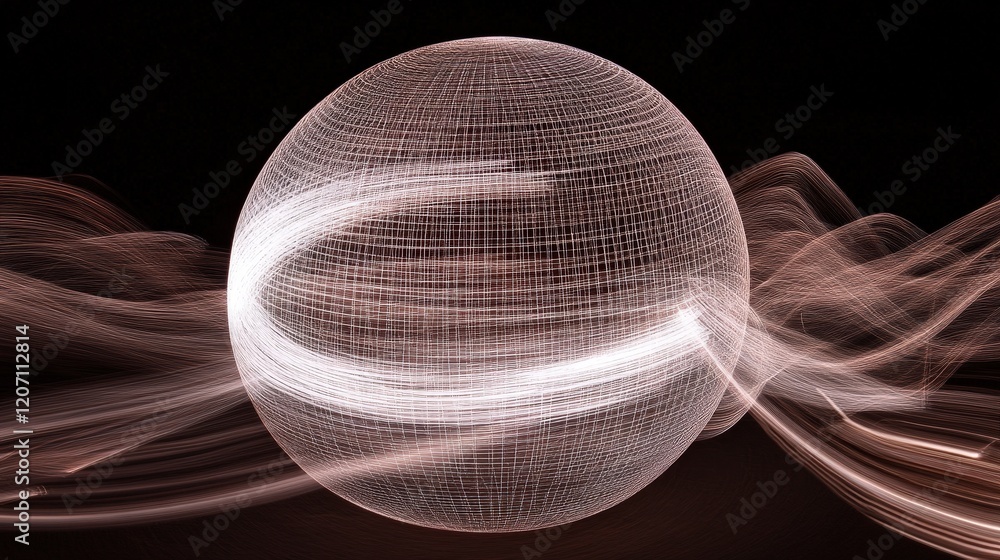 Poster a 3d wireframe sphere surrounded by flowing light trails on a dark background