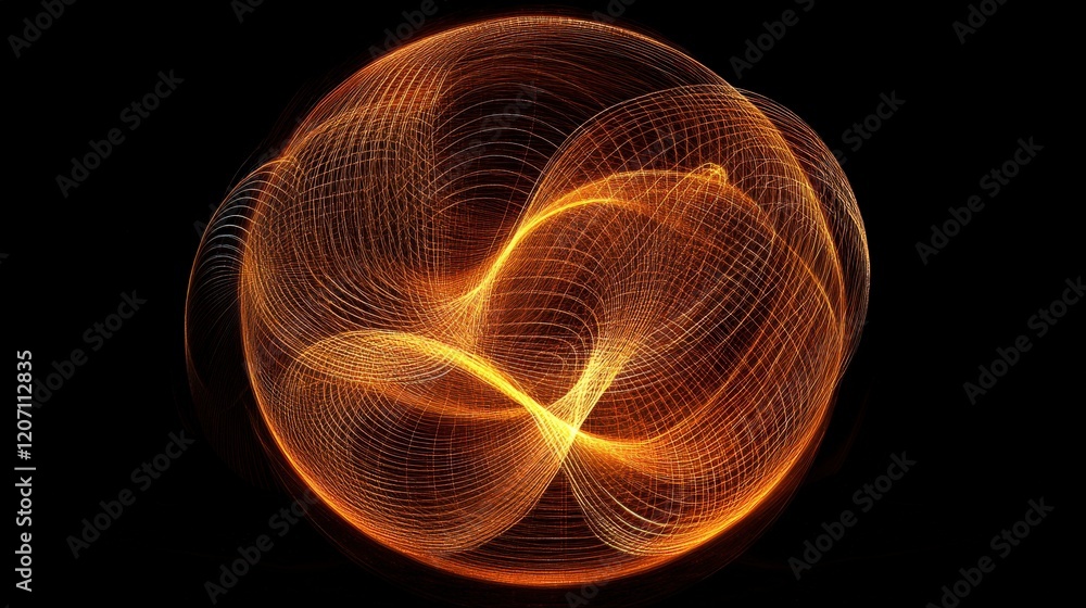 Poster a 3d wireframe sphere surrounded by flowing light trails on a dark background