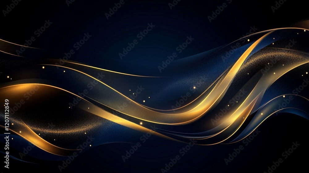 Poster an abstract gold price line chart on a dark blue background with glowing data points and a smooth cu