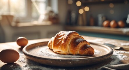 Freshly baked croissant sits on a wooden plate surrounded by flour and eggs in a cozy kitchen atmosphere.