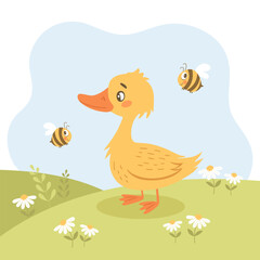 Cute little duckling and bees on a meadow with flowers. Spring illustration for children