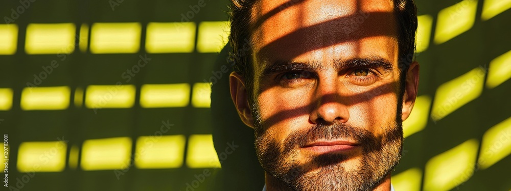 Poster close-up portrait of confident man with bright shadows creating striking patterns on his face and ba