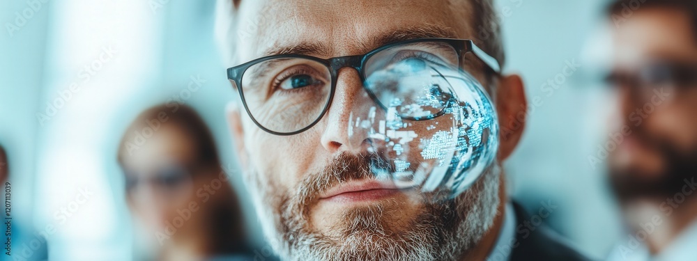 Poster thoughtful business man analyzing data trends through futuristic augmented reality technology in off