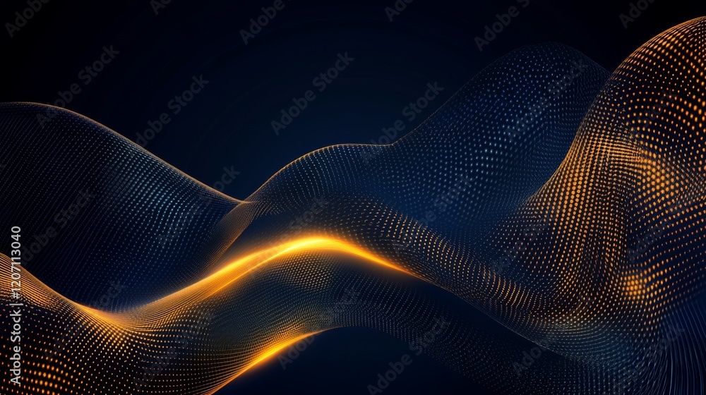 Poster an abstract gold price line chart on a dark blue background with glowing data points and a smooth cu