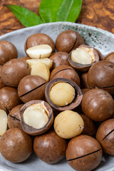 Australian Queensland macadamia nuts, or bush, maroochi, bauple nut, with sawn nutshell, fresh harvest