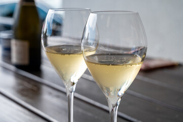 Tasting of brut and reserve grand cru champagne sparkling wine produced by traditional method in Mesnil-sur-Oger in Champagne, France