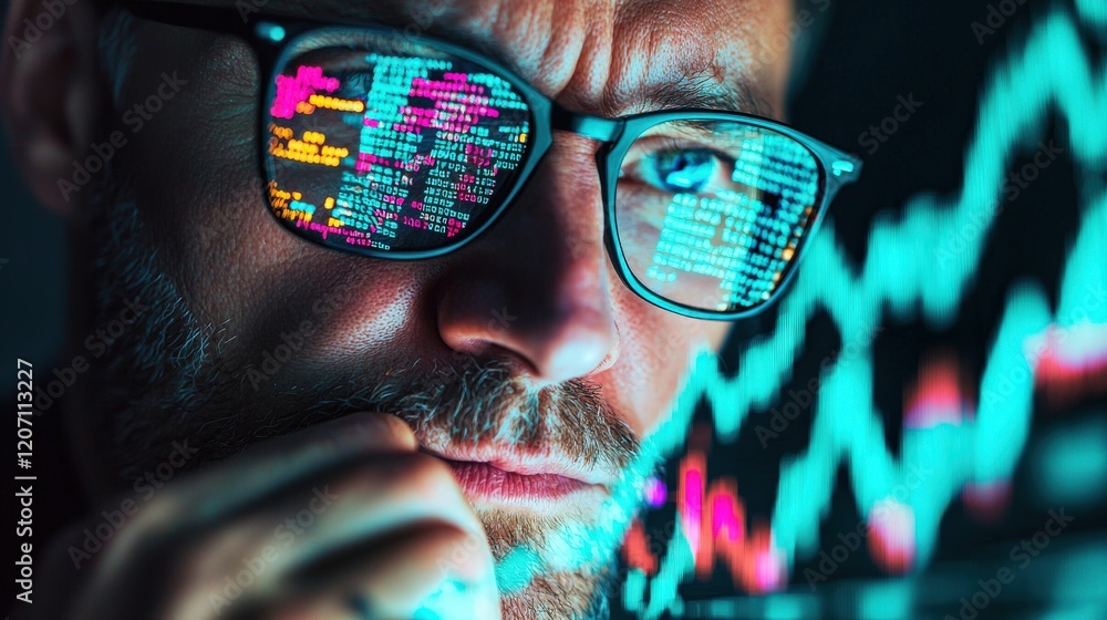Poster professional man analyzing stock market data on computer screen through glasses in a dark environmen