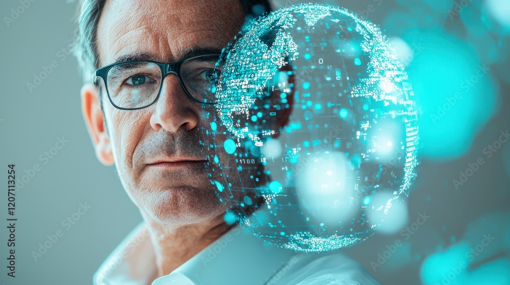 Poster businessman with glasses contemplating digital globe and data integration in modern workspace enviro
