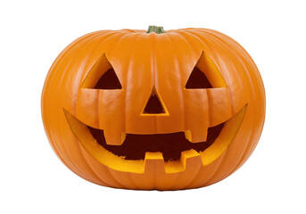 A carved orange pumpkin with a traditional Jack-o'-lantern face, isolated on a white background