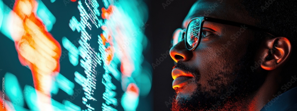 Poster focused individual gazing thoughtfully at vibrant digital screen displaying data and information in 