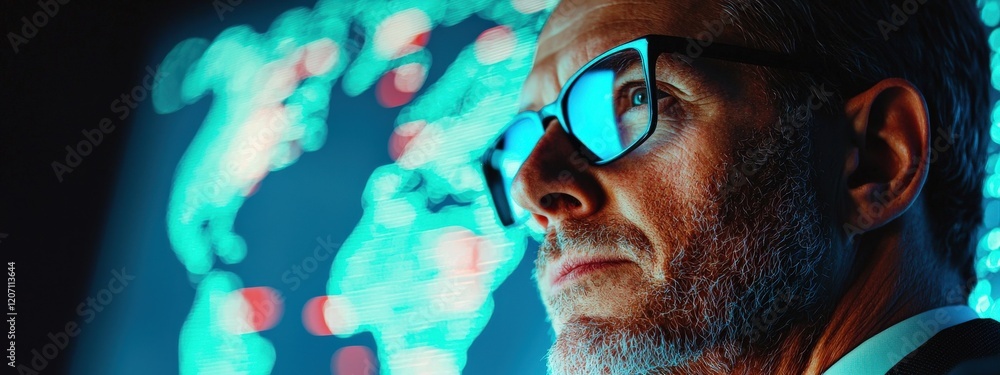Poster businessman analyzing digital data trends with high-tech glasses and a world map projection in the b