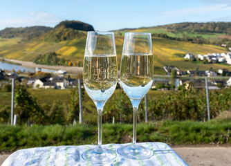 Tasting sparkling white wine, traditional champagne method making of cremant in caves on Moselle river valley in Luxembourg, glasses of wine and view on terraced vineyards
