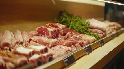A close-up of a neatly arranged display of fresh pork cuts on a butcher's counter, showcasing various cuts like chops, ribs, and tenderloin.
