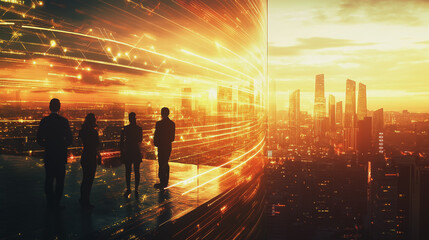 Obraz premium abstract professional business team people connection of line from nail node to node on Smart digital cityscap and skyline background , Innovation networking concept