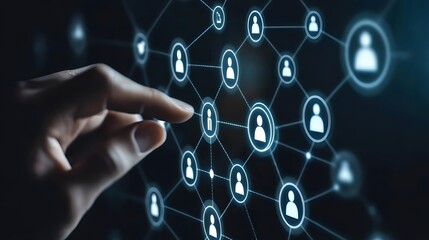 Hand interacting with digital network of human icons, social media and communication technology
