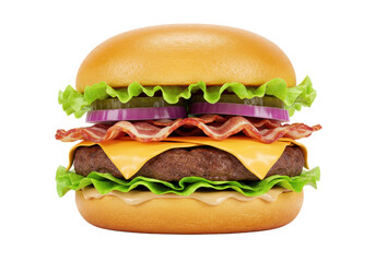 A delicious gourmet burger with layers of lettuce, red onions, melted cheese, crispy bacon, and a juicy patty, sandwiched in a golden bun, isolated on a white background