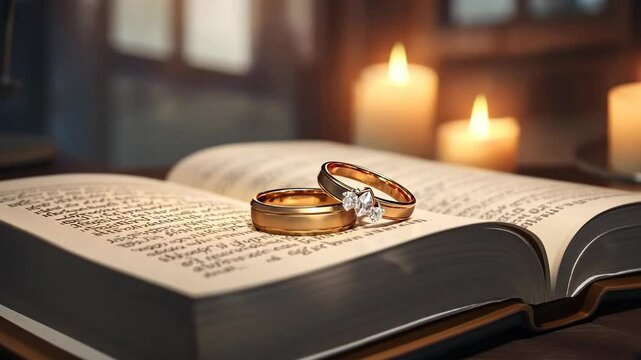 Two wedding rings are on top of a book. The book is open to a page with a candle in the background