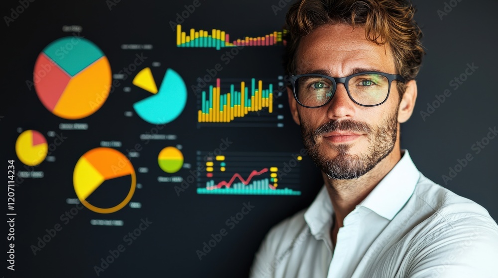 Aufkleber confident professional analyzing data with colorful graphs and charts in modern office environment