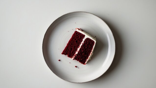 Top view of red velvet cake slice on a white plate