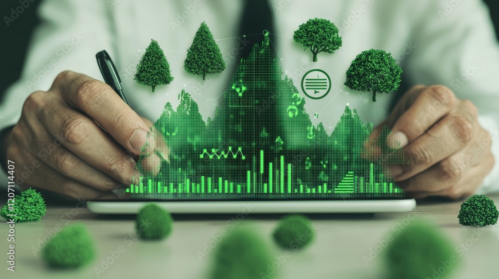 Aufkleber businessman analyzing environmental data with green graphs and trees on tablet in a modern office se