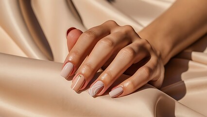 Minimalist Nude Nail Art: Abstract White Lines and Gold Foil Details