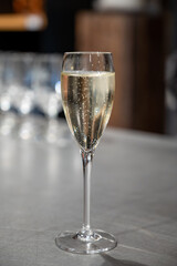 Tasting sparkling white wine, traditional champagne method making of cremant in caves on Moselle river valley in Luxembourg, wine tour and visiting caves